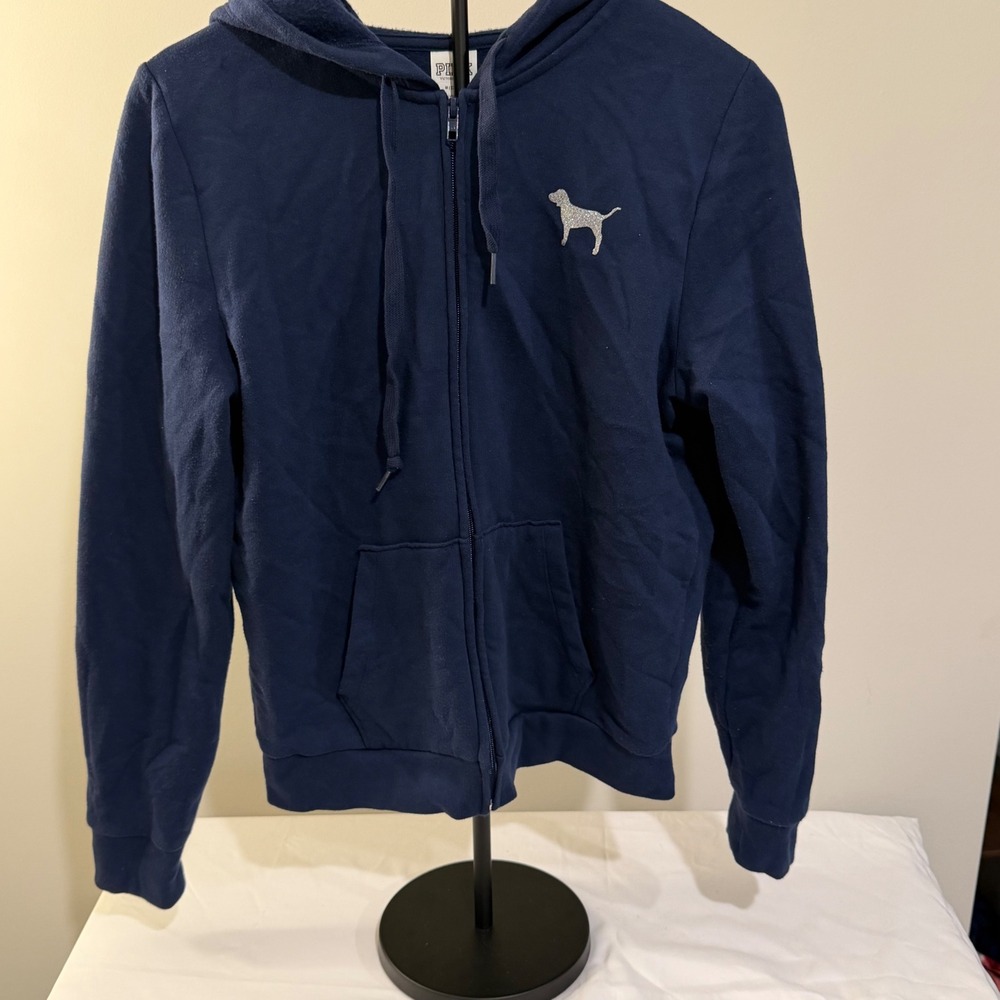 Victoria's Secret PINK Navy Blue Glitter Logo Full Zip Hoodie Sweatshirt Medium